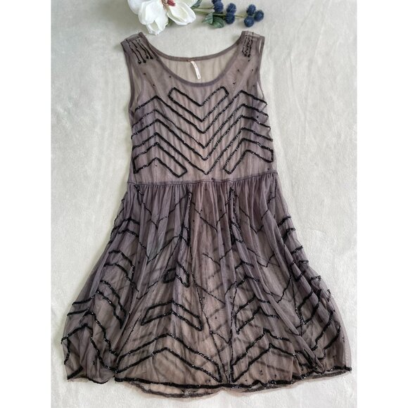 VTG Free People XS Sheer Beaded Sleeveless Dress Chevron  Whimsigoth Whimsygoth - Picture 2 of 9